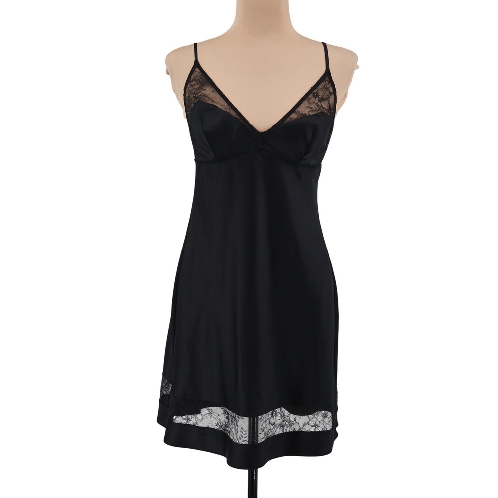 Victorias Secret Lace Trim Satin Slip Dress Womens Size M Black Lingerie Nightie